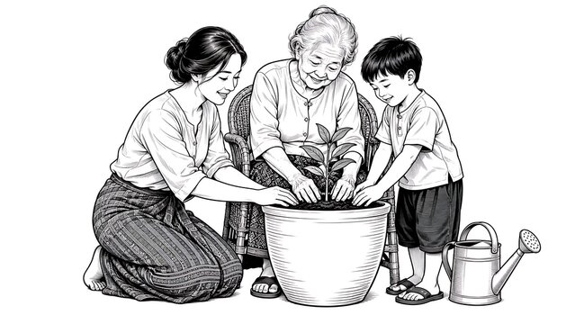 Generational Gardeners: A tender illustration depicts three generations, a grandmother, mother, and child, working together to plant a small seedling in a pot.