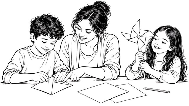 Origami Fun: A mother teaches her two children origami, fostering creativity and bonding over a shared activity with paper crafts and a pinwheel.