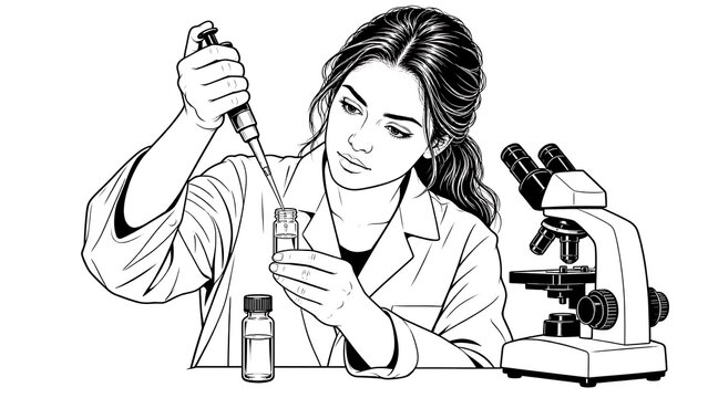 Scientist Conducting Research: A focused female scientist in a lab coat carefully uses a pipette to transfer liquid into a vial, with a microscope nearby, suggesting a laboratory research setting.