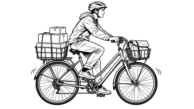 Delivery Cyclist with Packages: A cyclist wearing a helmet and hoodie rides a bicycle laden with packages in the front and rear baskets, illustrating a scene of urban delivery.