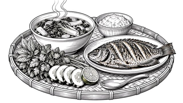 Traditional Asian Meal Platter: A finely detailed black and white illustration of a woven platter laden with a steaming bowl of soup, a perfectly grilled fish, a side of fluffy rice.