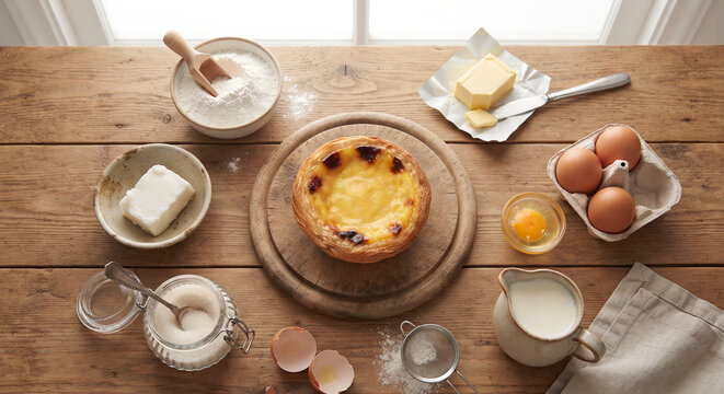 Overhead flat lay composition showing flour, butter, lard, eggs, sugar, and milk arranged artfully around a central warm Egg Tart on a wooden board, 