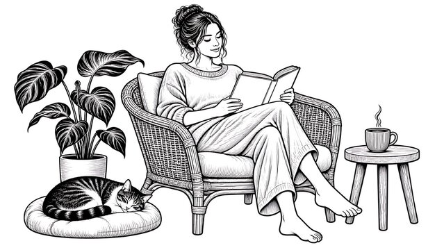 Cozy Reading Nook: A young woman relaxes in a rattan armchair, engrossed in a book, with a sleeping cat curled up beside her and a warm drink on a nearby stool, surrounded by lush houseplants.