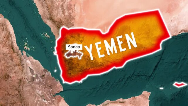 Animated map highlighting yemen and sanaa with glowing borders and regions