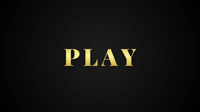 "play" golden typography text animation assembling on a dark gradient studio background