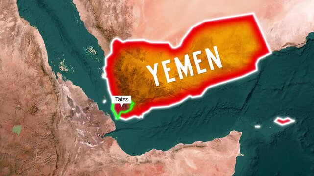 Animated map showing the country of Yemen highlighting Taizz  motion location