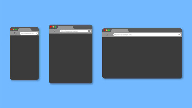 Three different sizes of web browser windows representing responsive web design concepts on a blue background