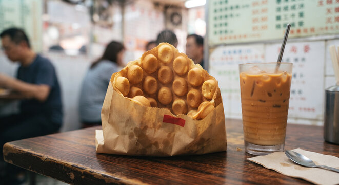 Traditional presentation of Gai Daan Tsai folded into a conical paper bag, resting on a classic wooden tabletop with a cup of iced milk tea nearby, 