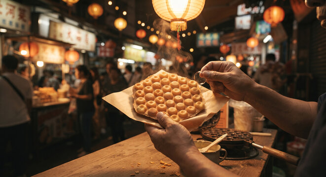 Moody, warm-toned street food setting featuring a freshly baked Gai Daan Tsai illuminated by glowing night market lights. 