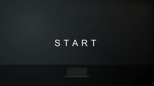 "start" text animation appearing with a laptop icon on a sleek dark background