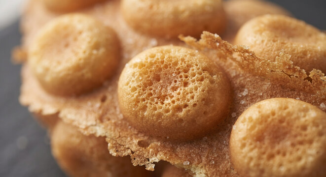 Extreme macro shot focusing on the textured surface of the bubble shells, highlighting the tiny golden-brown craters and crispy edges 
