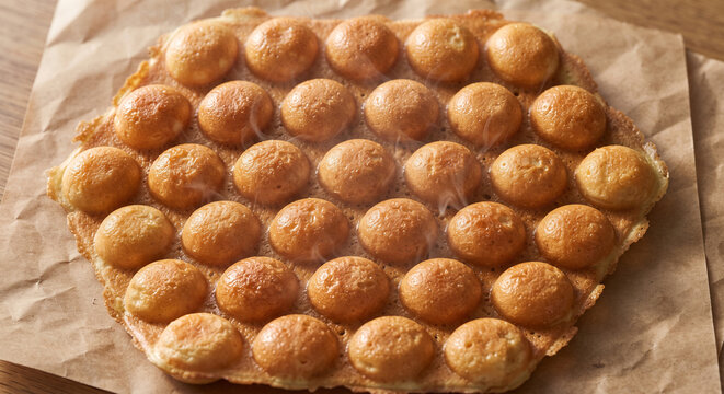 Top-down macro product photography of a freshly made, golden-brown Gai Daan Tsai (Egg Waffles) sheet resting on a brown paper sheet. 