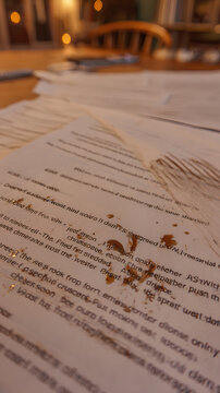 Close-up of a final draft page with visible editing marks and one ink smudge imperfection meets urgency.