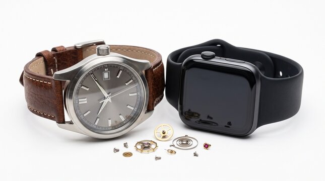 Classic mechanical wristwatch with brown leather strap beside modern black digital smart watch and various tiny metal clockwork components isolated on a clean white background