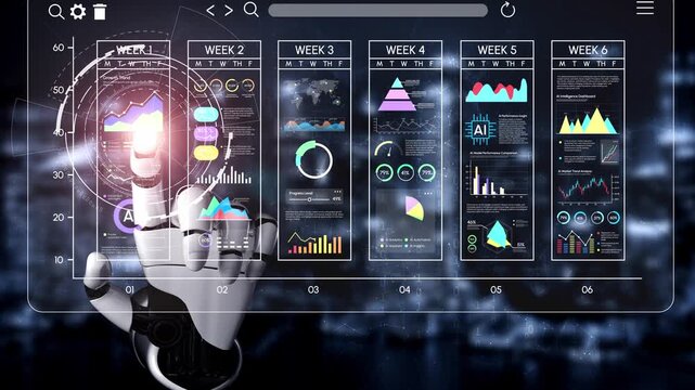 Futuristic touch interface displaying data analytics charts and graphs representing AI technology and trending statistics in a digital environment. Entropy.