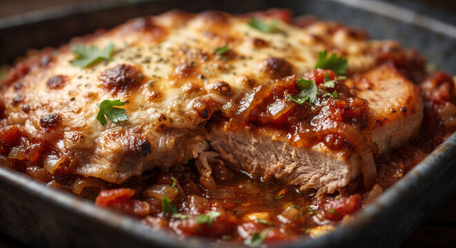Close-up food shot emphasizing the glossy, rich texture of the savory sweet-and-sour tomato and onion sauce clinging to the melted cheese 