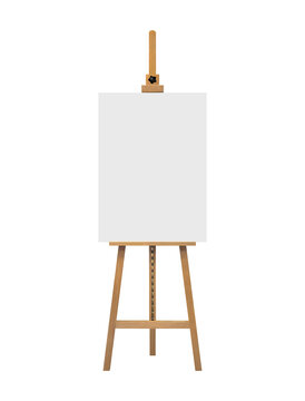 Front view professional wooden easel with empty canvas isolated on white background