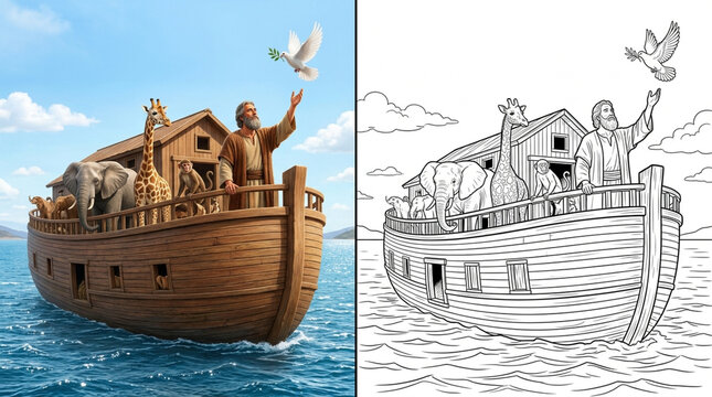Noah's Ark Bible Story Illustration with Animals and Coloring Page Activity for Kids