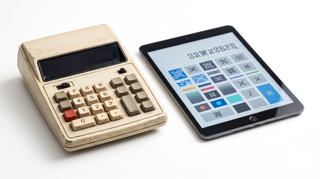 Vintage desktop calculator rests beside a modern digital tablet computer featuring abstract interface icons on a clean white background during a bright high angle studio shot