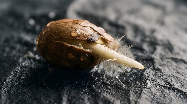 Germinating seed sprouting root on wet stone surface