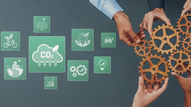 Two hands reaching toward gears and eco-friendly icons illustrate collaborative efforts in carbon management and promoting sustainability for a brighter future. Raster
