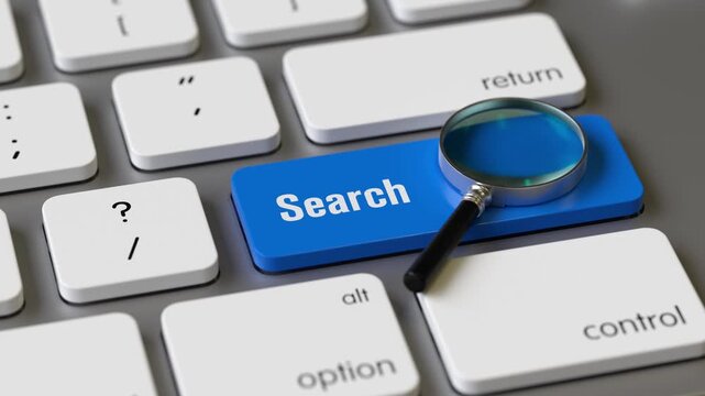 magnifier on the keyboard of a latop, 3d rendering,conceptual image.seo and searching concepts.
