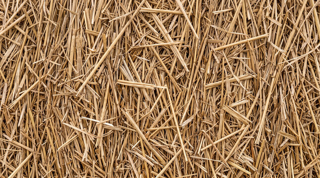Detailed close up texture of dry golden straw stalks forming a natural agricultural background