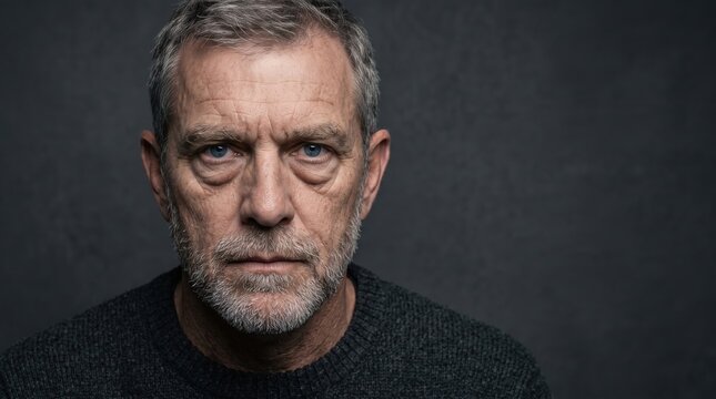 Dramatic close up portrait of mature bearded man displaying authentic deep forehead lines and under eye bags