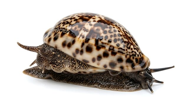 A detailed studio shot of a spotted cowrie snail with a glossy shell and visible soft body on a white background.