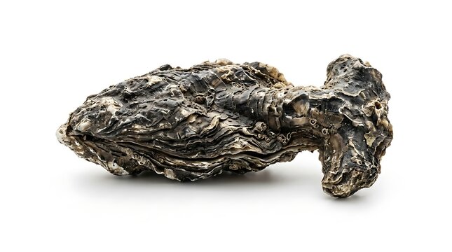 Roughly textured dark oyster shell or barnacle-covered rock isolated on a clean white background.