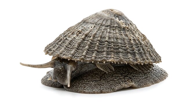 A close-up studio shot of a single limpet, a marine gastropod mollusk, showcasing its conical shell and soft body on a white background.