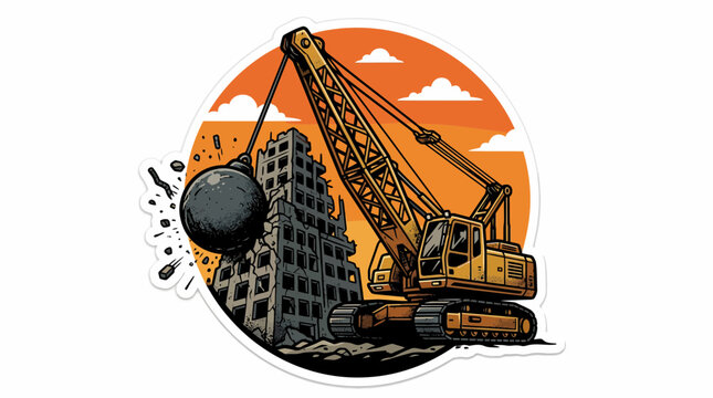 Demolition crane smashing a ruined building with a wrecking ball