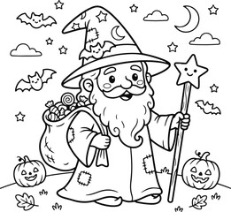 Fototapeta premium Cute wizard with a long beard holding a sack of candy and a star wand