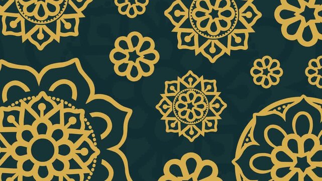 Diwali Rangoli animated Background. Dark green 4K loop background with elegant gold rangoli patterns. Ideal for Diwali video backdrops, festive promo ads, title overlays and web banners.