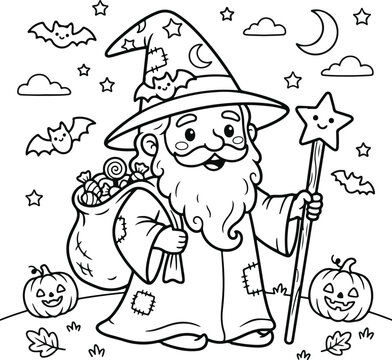 Cute wizard with a long beard holding a sack of candy and a star wand