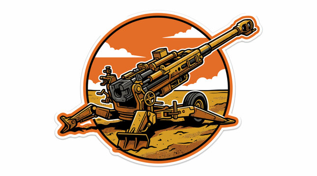 Military artillery howitzer cannon weapon in cartoon vector style emblem