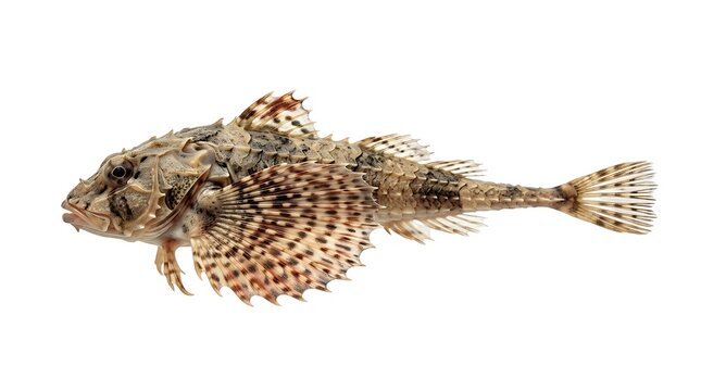 A detailed studio shot of a spiky, mottled brown scorpionfish with large fins against a clean white background.