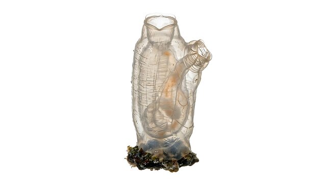 Close-up view of a transparent marine tunicate or sea squirt, revealing its intricate internal anatomy against a stark white background.