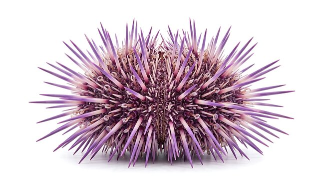 A vibrant purple sea urchin with sharp spines isolated on a clean white background, showcasing its unique marine form.