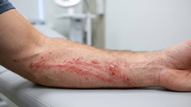 Male Forearm Affected by Poison Ivy Allergic Contact Dermatitis and Blisters