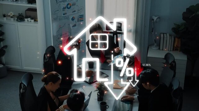 Business Meeting on Real Estate Trends with Focus on Declining Property Values and Percentage Decrease in Graphs Sigmoid