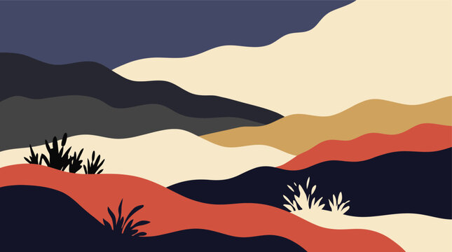 Stylized Japanese landscape illustration, featuring a harmonious color composition and tranquil natural background, evoking serene sense of calm and beauty.