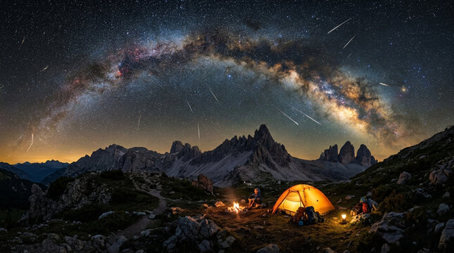 Milky Way arch and meteor shower over mountain camping tent