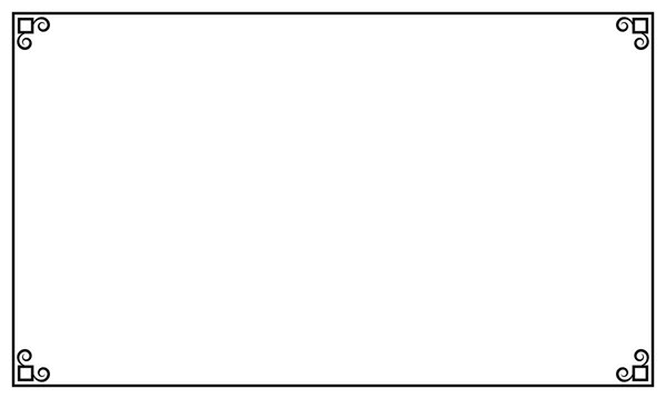 A white background featuring a black rectangular outline, along with square and spiral ornaments arranged to create an artistic design in the inner corners of the rectangle.