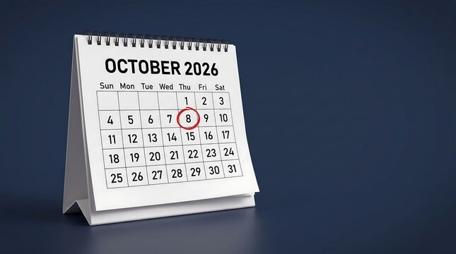 October 2026 desk calendar with red circle on day 8, professional office spiral calendar for appointment scheduling and deadline tracking, white paper planner on dark blue background