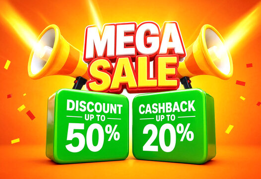 Bright and colorful mega sale advertisement with discounts and cashback offers highlighted creatively