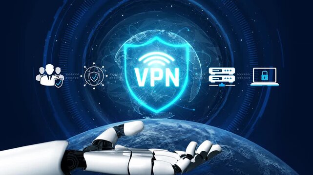 Futuristic Robotic Hand Presenting Shield with VPN Symbol Against a Technology Background Representing Cybersecurity, Data Protection, and Global Networking Sigmoid