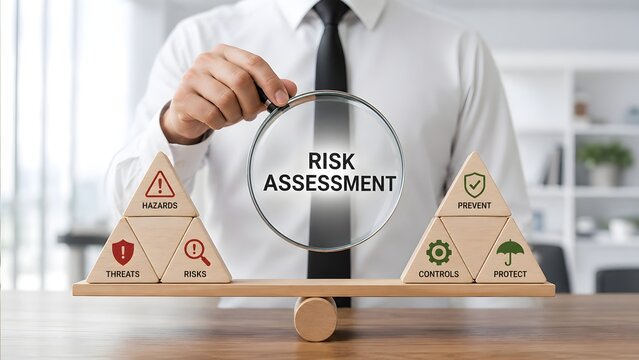 Business Professional Holding Magnifying Glass Over Risk Assessment Concept On Scale