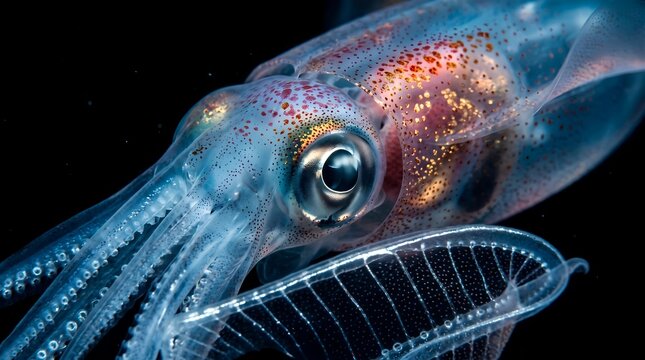 Diamondback Squid ( Thysanoteuthis rhombus ) with transparent body and bioluminescent 