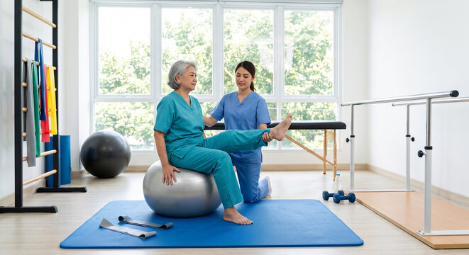 Physical Therapist Assisting Senior Woman with Leg Extension Stretch on Stability Ball in Bright Clinic